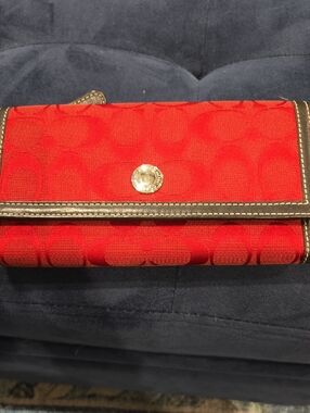 Coach Red Signature Jacquard Wallet with Black Trim